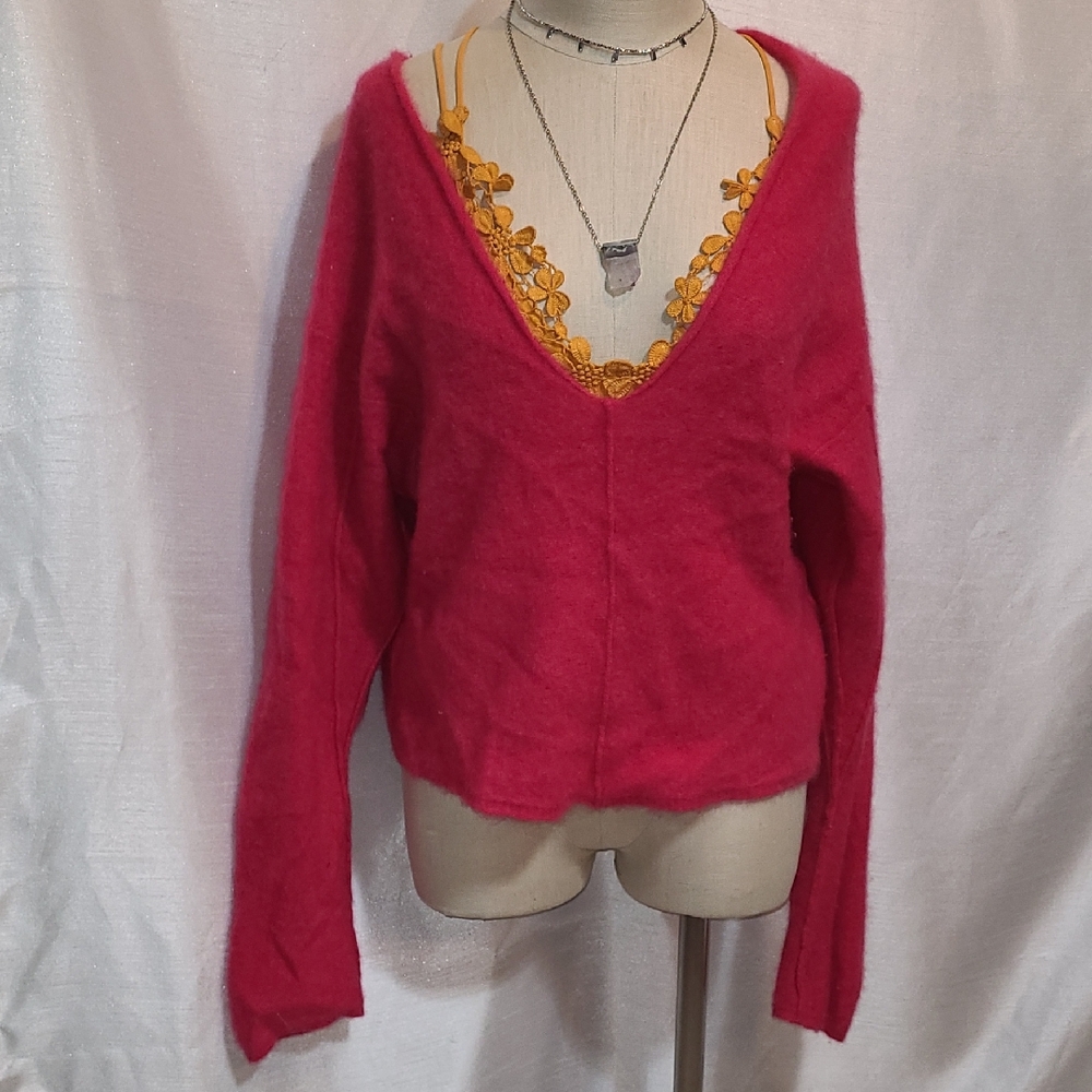 Free People V-Neck Slouch Sweater in Bold Pink